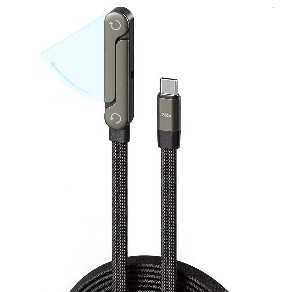 240W USB-C Fast Charging Cable with Foldable Phone Stand – 90° Angled Braided Data Cable