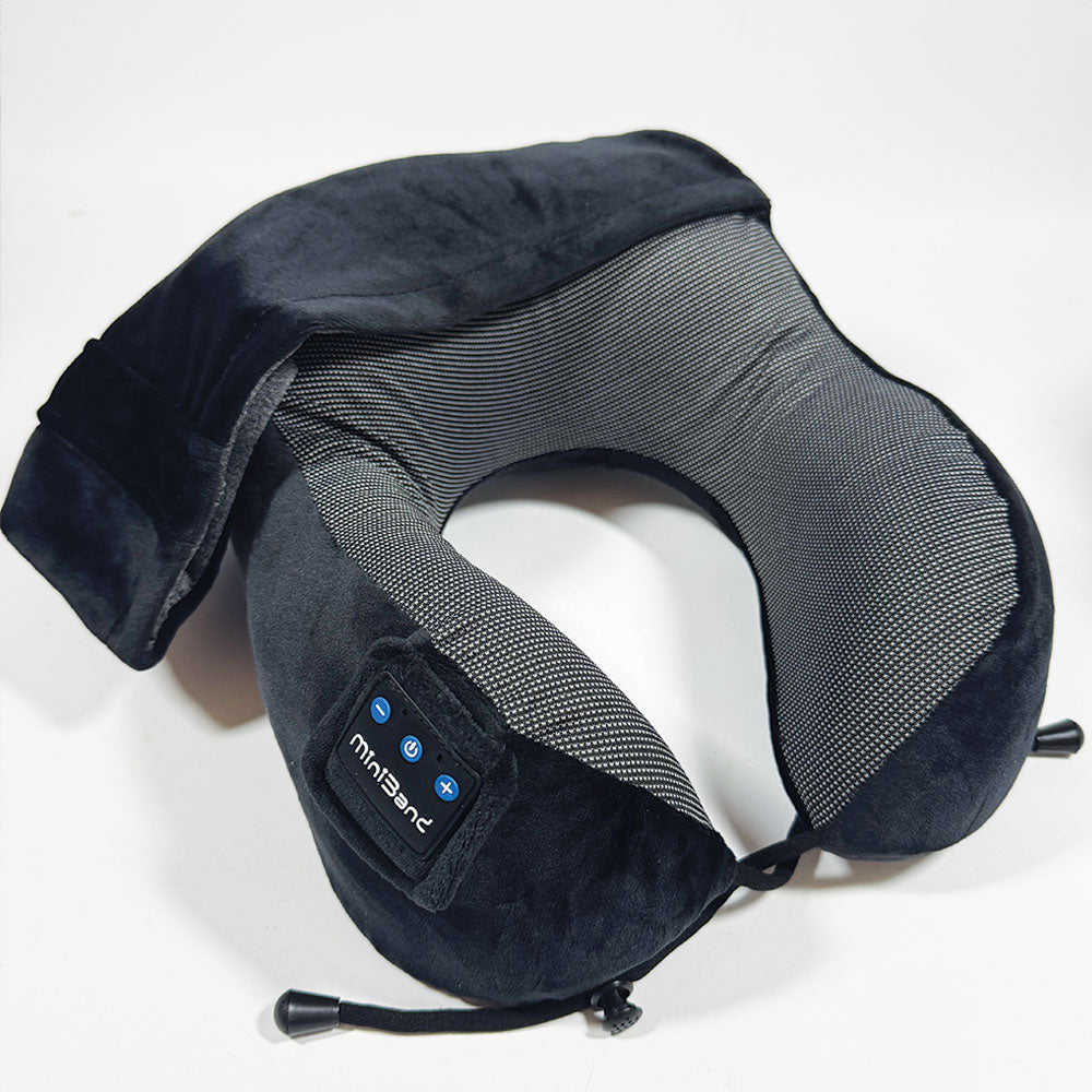 MiniBand Travel Neck Pillow with Hoodie – USB‑C, Bluetooth 5.3, 10h Battery
