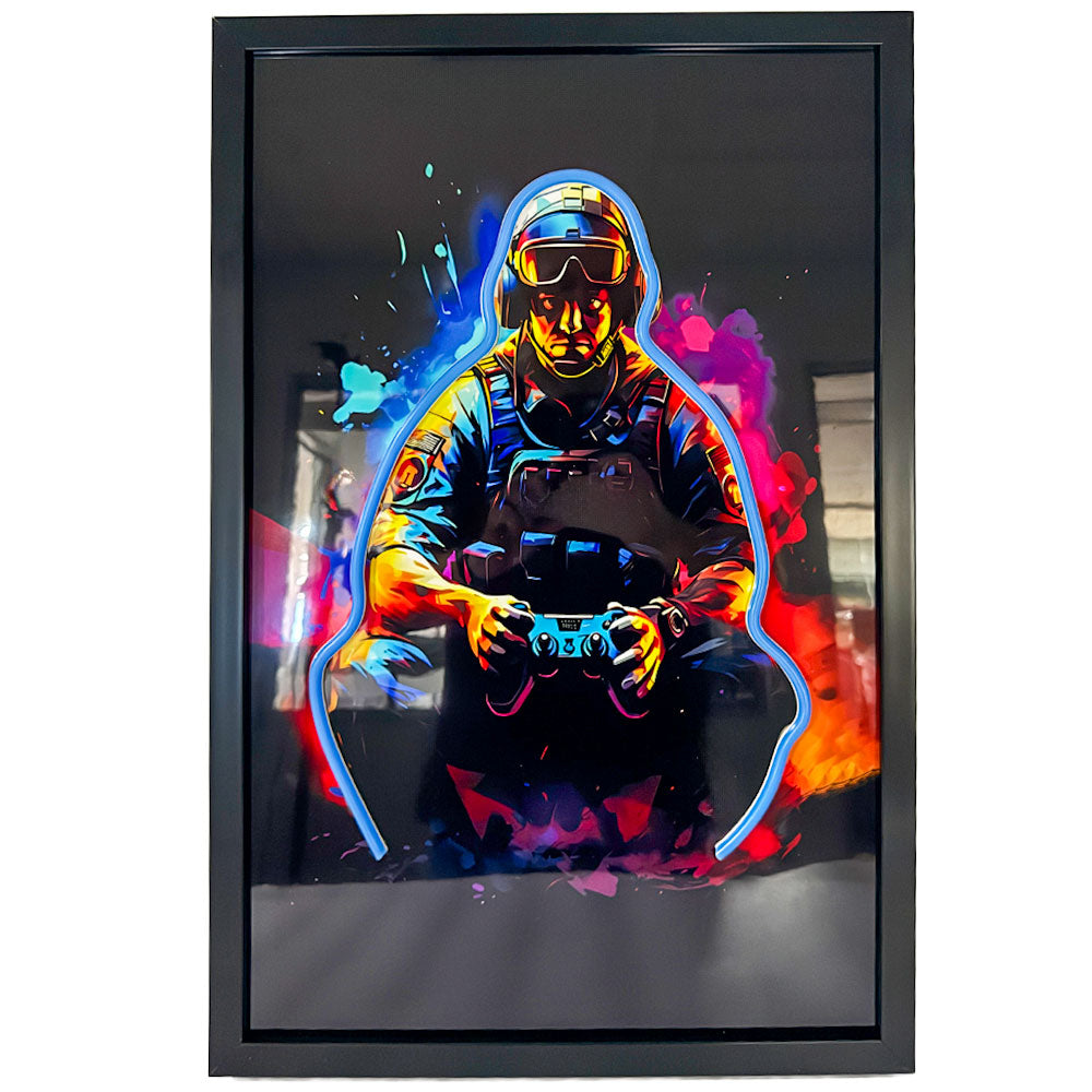 Neon Gamer Soldier Art – Framed LED Wall Sign