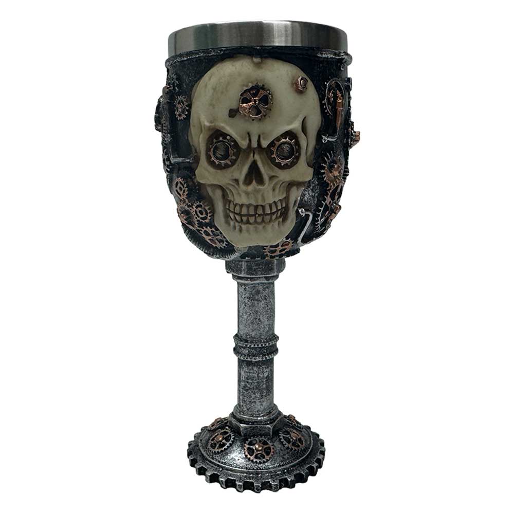 Steampunk Skull & Gears Gothic Fantasy Wine Goblet - Stainless Steel Interior