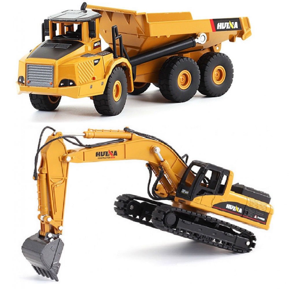 Huina 1:50 Metal Alloy Articulated Truck &amp; Excavator Diecast Model image 0